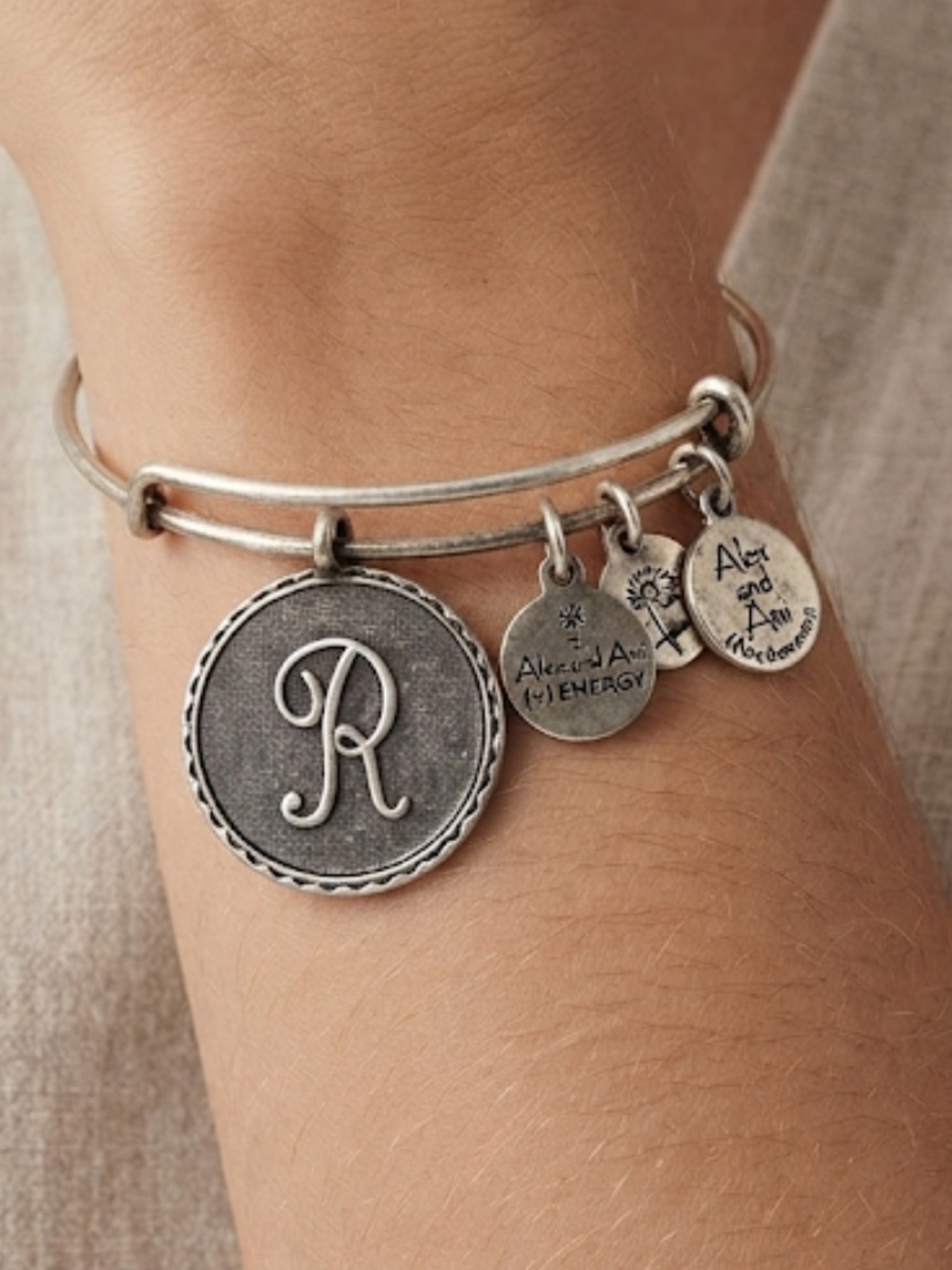 Alex and Ani Silver Initial 'R' Charm Bangle Bracelet